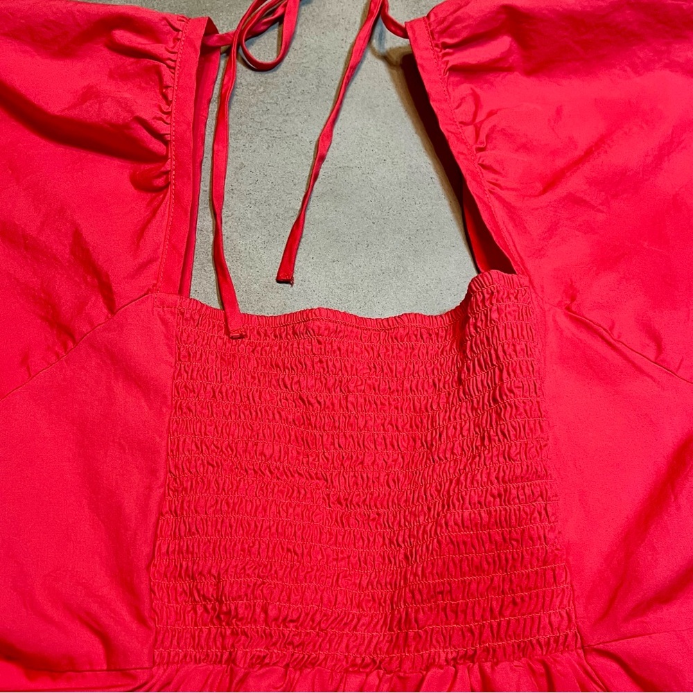 Draper James Vibrant Red Dress w/ Square Neckline, Flocked Bodice & Puff Sleeves - Picture 5 of 10